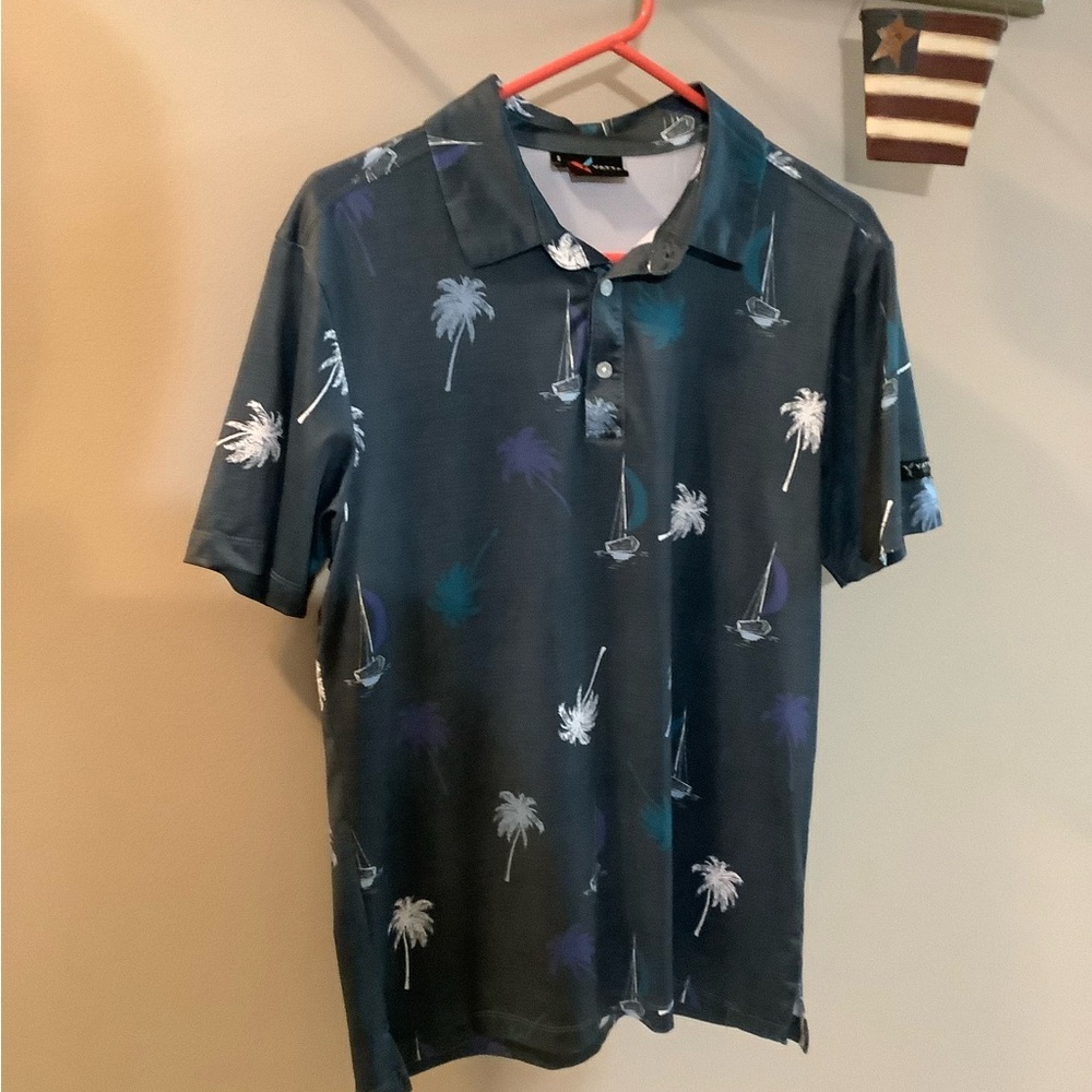Yatta Men's Dark Blue Palm Tree Golf Polo Shirt Size Small